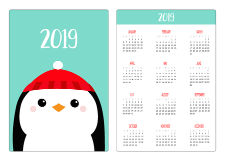 Penguin head face wearing winter red hat. Merry Christmas. Simple pocket calendar layout 2019 new year. Week starts Sunday. Cartoon character. Vertical orientation. Flat design. Blue background Vectorのイラスト素材