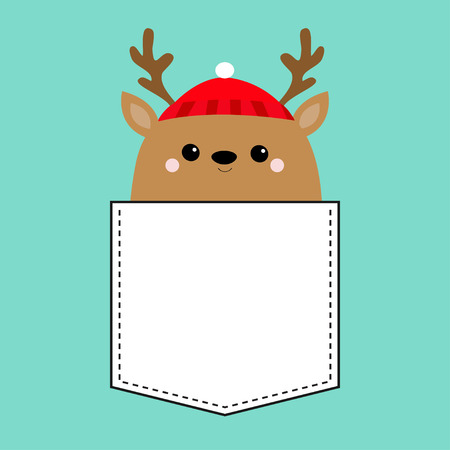 Raindeer deer head face. T-shirt pocket. Red hat, nose, horns. Merry Christmas. Happy New Year. Cute cartoon kawaii baby character. Funny animal. Flat design. Hello winter. Blue background. Vectorのイラスト素材