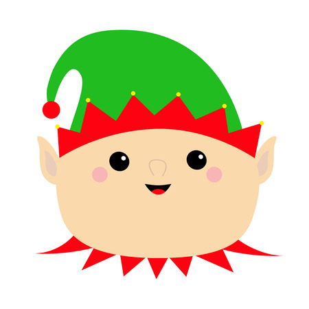 Santa Claus Elf face head icon. Green hat. Merry Christmas. New Year. Cute cartoon funny kawaii baby character. Greeting card. Flat design White background. Isolated. Vector illustrationのイラスト素材