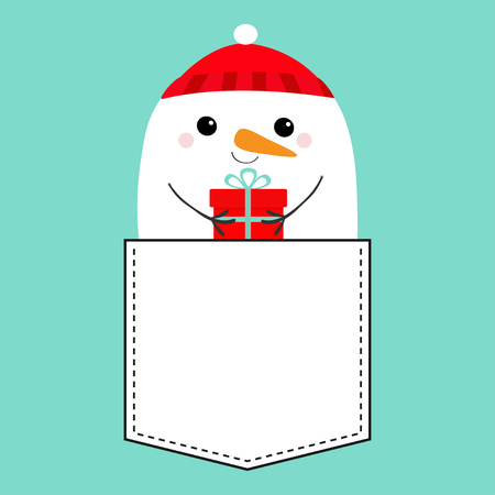 Snowman face head holding gift box. T-shirt pocket. Carrot nose, red hat. Merry Christmas. Cute cartoon funny kawaii character. Happy New Year. Blue winter background. Flat design. Vector illustrationのイラスト素材