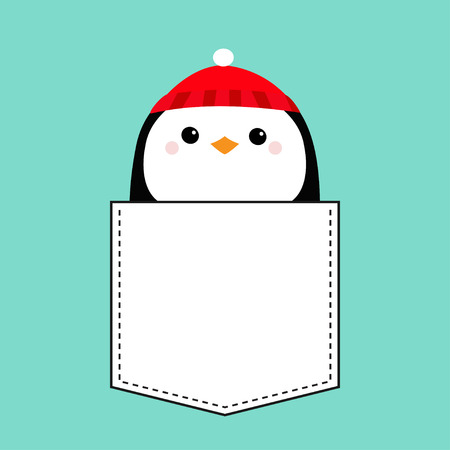 Penguin head face. Red hat. T-shirt pocket. Merry Christmas. Happy New Year. Cute cartoon kawaii baby character. Arctic animal. Flat design. Hello winter. Blue background. Vector illustrationのイラスト素材
