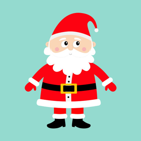 Santa Claus standing. Happy New Year. Merry Christmas. White moustaches, beard. Red hat. Cute cartoon funny kawaii baby character. Greeting card. Flat design. Blue background. Vector illustrationのイラスト素材