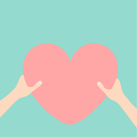 Hands arms holding pink heart icon shape sign. Happy Valentines day. Greeting card. Flat design style. Love soul gift concept. Close up body part. Blue background. Isolated. Vector illustrationのイラスト素材