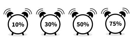 Alarm clock with percent sign. Round black icon set. Flat design. White background. Isolated. Vector illustrationのイラスト素材