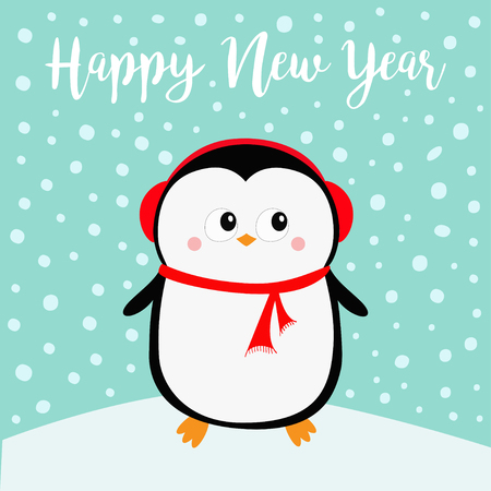 Happy New Year. Penguin on snowdrift. Red headphones hat. Merry Christmas. Cute cartoon kawaii baby character. Arctic animal. Flat design. Hello winter. Blue snow background. Vector illustrationのイラスト素材