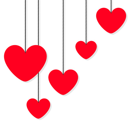 Red heart icon set. Happy Valentines day sign symbol simple template. Hanging dash line. Cute graphic object. Flat design style. Love greeting card. Isolated. White background. Vector illustrationのイラスト素材