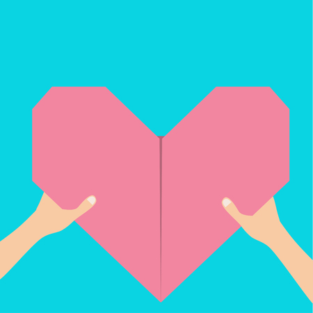 Hands arms holding pink origami paper heart icon shape sign . Happy Valentines day. Greeting card. Flat design. Love soul gift concept. Close up body part. Blue background Isolated Vector illustrationのイラスト素材