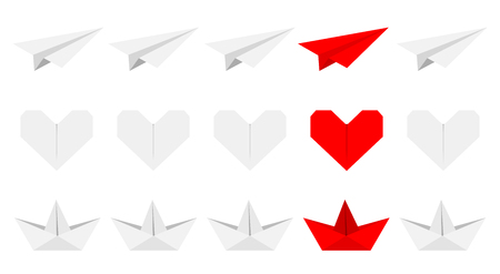 Origami paper plane, boat ship, heart icon set. Gray and red color. Handmade toy line. Flat design. White background. Isolated. Vector illustrationのイラスト素材
