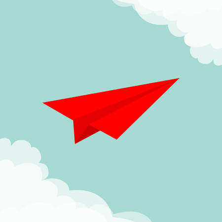 Flying origami red paper plane. Cloud in corners frame. Transportation collection. Love greeting card Typographical blue sky background. Flat design. Vector illustrationのイラスト素材