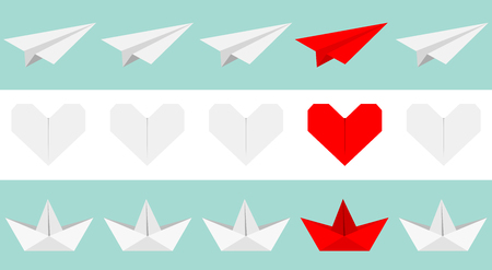 Origami paper plane, boat ship, heart icon set. Gray and red color. Handmade toy line. Flat design. Blue white background. Isolated. Vector illustrationのイラスト素材