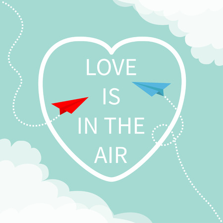 Love is in the air Lettering text. Flying red origami paper plane. Dashed Heart line frame Cloud in corners. Happy Valentines day Greeting card Typographical Blue sky background with quote Flat Vectorのイラスト素材