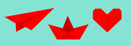 Origami paper plane, boat ship, heart icon set. Red color. Handmade toy line. Flat design. Cute love symbol. Blue background. Isolated. Vector illustrationのイラスト素材