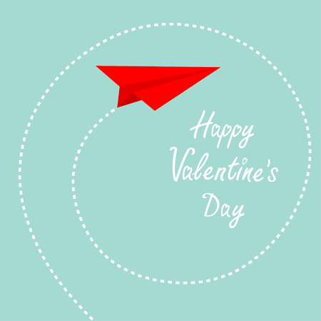 Happy Valentines Day. Red origami paper plane. Dash spiral in the sky. Love card. Flat design. Blue background. Isolated. Vector illustrationのイラスト素材