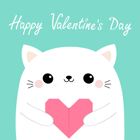 Happy Valentines Day. White cat kitten head face holding pink origami paper heart. Cute cartoon kawaii funny baby kitty animal character. Flat design. Love card. Isolated. Blue background. Vectorのイラスト素材