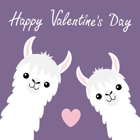Happy Valentines Day. Llama alpaca animal set. Face neck. Pink heart. Fluffy hair fur. Cute cartoon funny kawaii baby character. Love greeting card. Flat design. Violet background Vector illustrationのイラスト素材