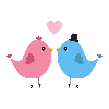 Two bird couple. Pink heart. Happy Valentines Day. Love Greeting card. Boy, girl. Black hat. Cute cartoon kawaii baby character. Flat design Blue background Vector illustrationのイラスト素材