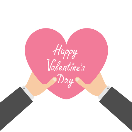 Happy Valentines day. Two businessman hands arms holding pink heart icon shape sign. Love soul gift concept. Greeting card. Flat design style. Close up body part. White background. Isolated. Vectorのイラスト素材