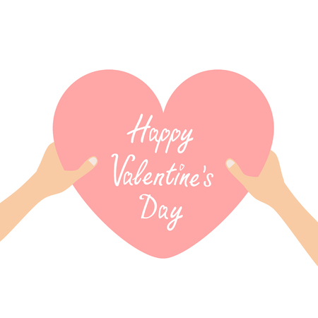 Happy Valentines day. Hands arms holding pink heart icon shape sign. Greeting card.Love soul gift concept. Close up body part. Flat design style. White background. Isolated. Vector illustrationのイラスト素材