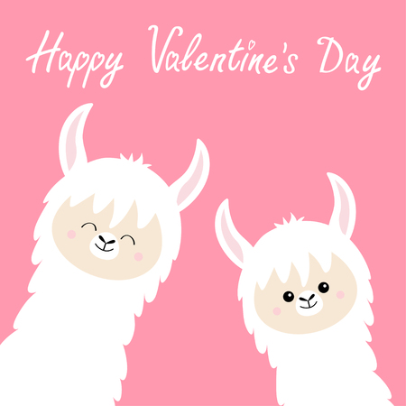 Happy Valentines Day. Llama alpaca set. Face neck. Cute cartoon kawaii funny smiling baby animal character. Fluffy hair fur. Love greeting card. Flat design. Pink background. Vector illustrationのイラスト素材