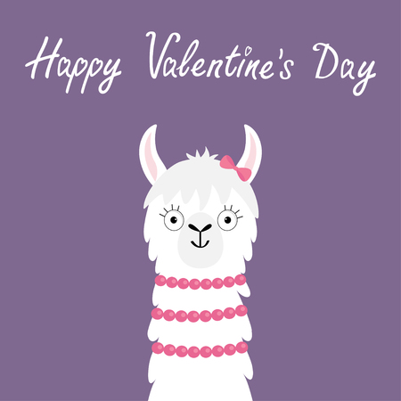 Happy Valentines Day. Llama alpaca girl animal face head neck. Cute cartoon funny kawaii smiling baby character. No drama. Love greeting card. Flat design. Violet background. Vector illustrationのイラスト素材