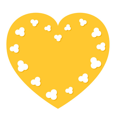 Popcorn flying heart shape frame. I love cinema movie night. Flat design style. Yellow background. Isolated. Vector illustrationのイラスト素材