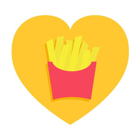 French fries potato in a paper wrapper box icon. Fried potatoes. Fast food menu. Heart shape. I love eating. Flat design. Yellow background. Isolated. Vector illustrationのイラスト素材