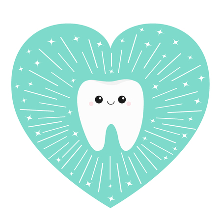Healthy tooth heart icon. Smiling face. Round line circle. Oral dental hygiene. Children teeth care. Cute love character. Shining effect stars. Blue background. Isolated. Flat design. Vectorのイラスト素材