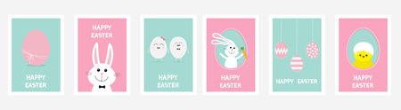 Happy Easter greeting card set line. Hanging painted egg on dash lin, bunny rabbit hare carrot. Chicken bird with shell. Blue Pink pastel color background. Baby characters. Flat design. Vectorのイラスト素材