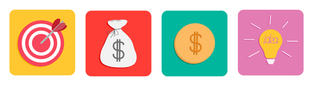Business icon set line. Target Money bag Gold coin with dollar sign Light bulb idea concept. Flat design. White background. Isolated. Vector illustrationのイラスト素材