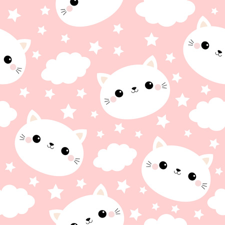 White cat face. Seamless Pattern. Cloud star in the sky. Cute cartoon kawaii funny smiling baby character. Wrapping paper, textile template. Nursery decoration. Pink background. Flat design Vectorのイラスト素材