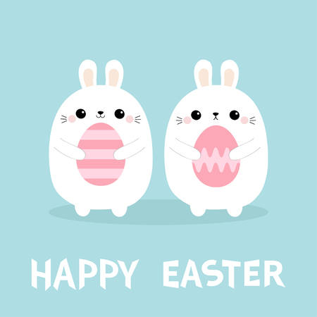 Happy Easter. Rabbit bunny family set holding painting egg. Farm animal. Cute cartoon kawaii funny baby character. Blue pastel background. Flat design. Vector illustrationのイラスト素材