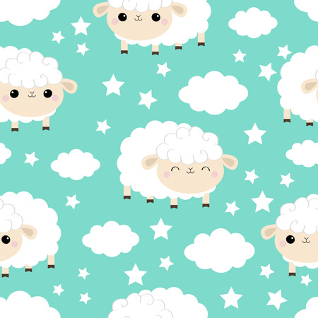 Seamless Pattern. Sheep sleeping eyes.. Cloud star in the sky. Cute cartoon kawaii funny smiling baby character. Wrapping paper, textile template. Nursery decoration Blue background Flat design Vectorのイラスト素材