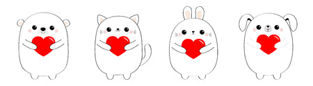 Happy Valentines Day. Cat kitten bear dog puppy rabbit hare set holding red heart. Line contour silhouette Cute cartoon kawaii funny baby animal character Flat design Love card White background Vectorのイラスト素材