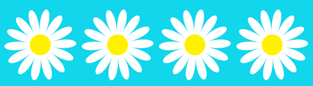 Camomile icon set line. Four white daisy chamomile. Cute round flower plant collection. Growing concept. Love card symbol. Flat design. Blue background. Isolated. Vector illustrationのイラスト素材