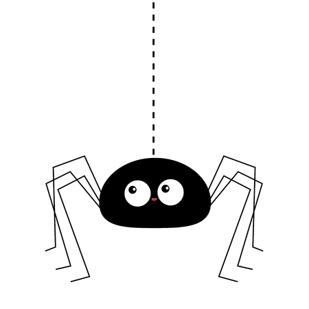 Black spider silhouette hanging on dash line web. Long paws. Happy Halloween. Funny insect. Big eyes. Cute cartoon baby character. Flat material design. White background Isolated. Vector illustrationのイラスト素材