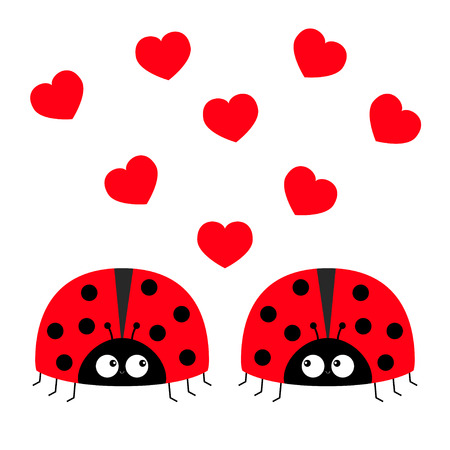 Two red lady bug ladybird icon set couple with hearts. Happy Valentines Day. Cute cartoon kawaii funny baby character. Love greeting card. Flat design. White background. Vector illustrationのイラスト素材
