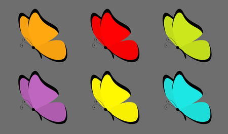 Butterfly icon set. Cute cartoon kawaii funny character. Colorful blue red yellow green orange violet wings. Flying insect silhouette. Flat design. Baby clip art. Black background. Isolated Vectorのイラスト素材