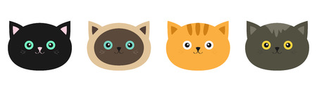 Cat head set line. Siamese, red, black, orange, gray color cats in flat design style. Cute cartoon character. Different eyes. White background. Isolated. Vector illustrationのイラスト素材