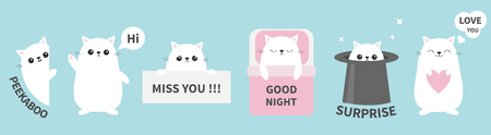 Cat kitten sticker emotion emoji icon set line. Miss you. Hi. Good night, love you. Funny head face. Cute cartoon character. Magic hat Heart Kawaii animal Baby card Flat design. Blue background Vectorのイラスト素材