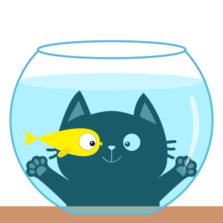 Cat looking through aquarium glass. Playing with gold fish. Cute cartoon kawaii funny baby character. Big eyes. Swimming goldfish. Paw print hand. Flat design. White background. Vector illustrationのイラスト素材