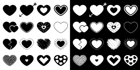 Heart big icon set. Different shape. Arrow, dash line. Paper and scribble line effect. Happy Valentines day sign symbol template. Love greeting card. Flat design White black background Isolated Vectorのイラスト素材
