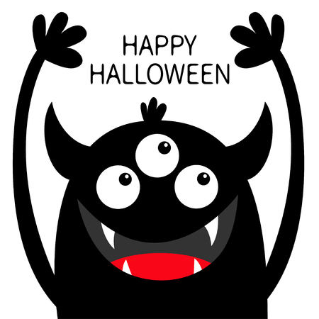 Happy Halloween. Monster head black silhouette. Three eyes, teeth fang, horns, hands up. Cute kawaii cartoon funny character. Baby kids collection. Flat design. White background. Isolated. Vectorのイラスト素材