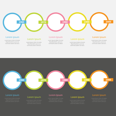 Five step Timeline Infographic set. Colorful circles and rectangle chain. Template. Flat design. Black White background. Isolated. Vector illustrationのイラスト素材