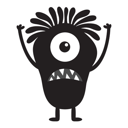 Monster black silhouette. Cute cartoon kawaii scary funny character. Baby collection. One eye, fang tooth, hands up, hair. White background. Isolated. Happy Halloween. Flat design. Vector illustrationのイラスト素材