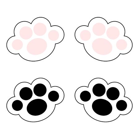 Cat paw print leg foot icon set with pink and black pads. Cute cartoon kawaii funny character body part line silhouette. Baby pet collection Flat design. White background Isolated. Vector illustrationのイラスト素材