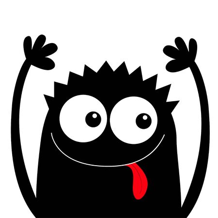 Monster head black silhouette. Happy Halloween. Two eyes, hair, showing tongue, hands up. Cute cartoon kawaii funny character. Baby kids collection. Flat design. White background. Vector illustrationのイラスト素材