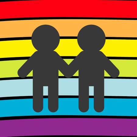 Rainbow flag backdrop. LGBT gay symbol. Two boy man marriage sign. Colorful line set. Flat design. Black background. Vector illustrationのイラスト素材
