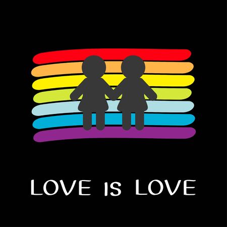 Rainbow flag backdrop. LGBT gay symbol. Love is love text quote. Two woman marriage sign. Colorful line set. Flat design. Black background. Vector illustrationのイラスト素材