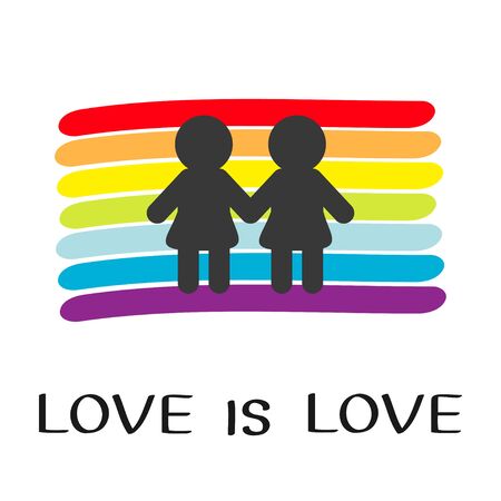 Rainbow flag backdrop. LGBT gay symbol. Love is love text quote. Two woman marriage sign. Colorful line set. Flat design. White background. Vector illustrationのイラスト素材