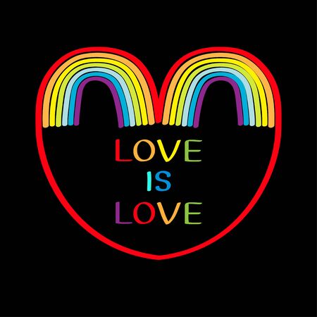 Two ainbow set on black background. Red haert. Colorful line set. Greeting card. Love is love text quote. LGBT community. Flat design. Vector illustrationのイラスト素材